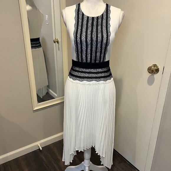 BCBGMaxAzria "Adelyn" Off White Sleeveless Pleated Skirt Lace Trim Dress, Size 4 - Picture 3 of 16